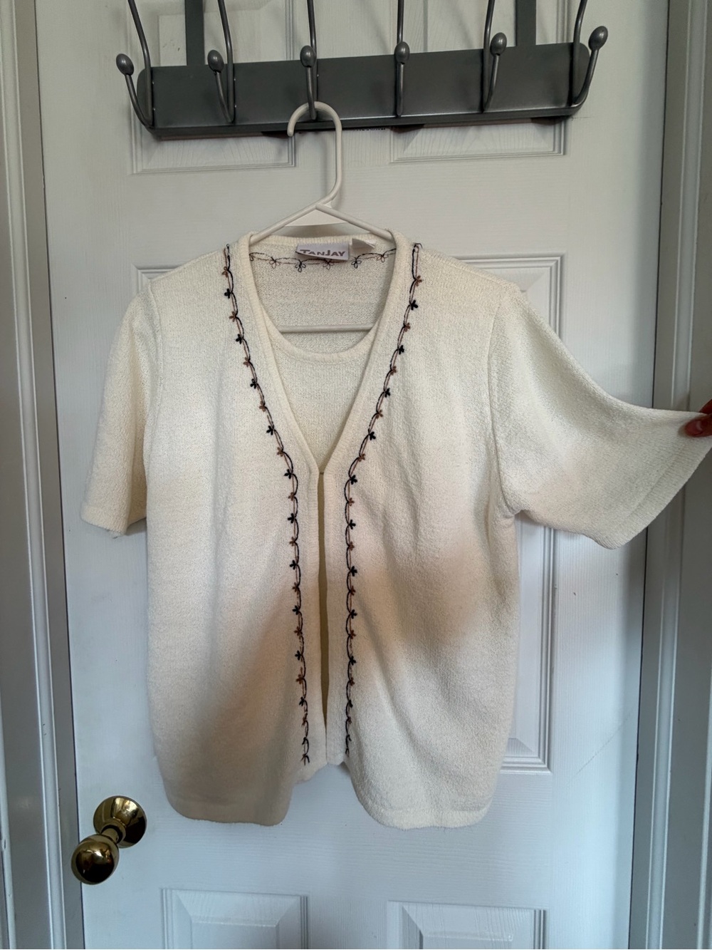 TanJay Cream Short-Sleeve Knit Cardigan with Dark Trim